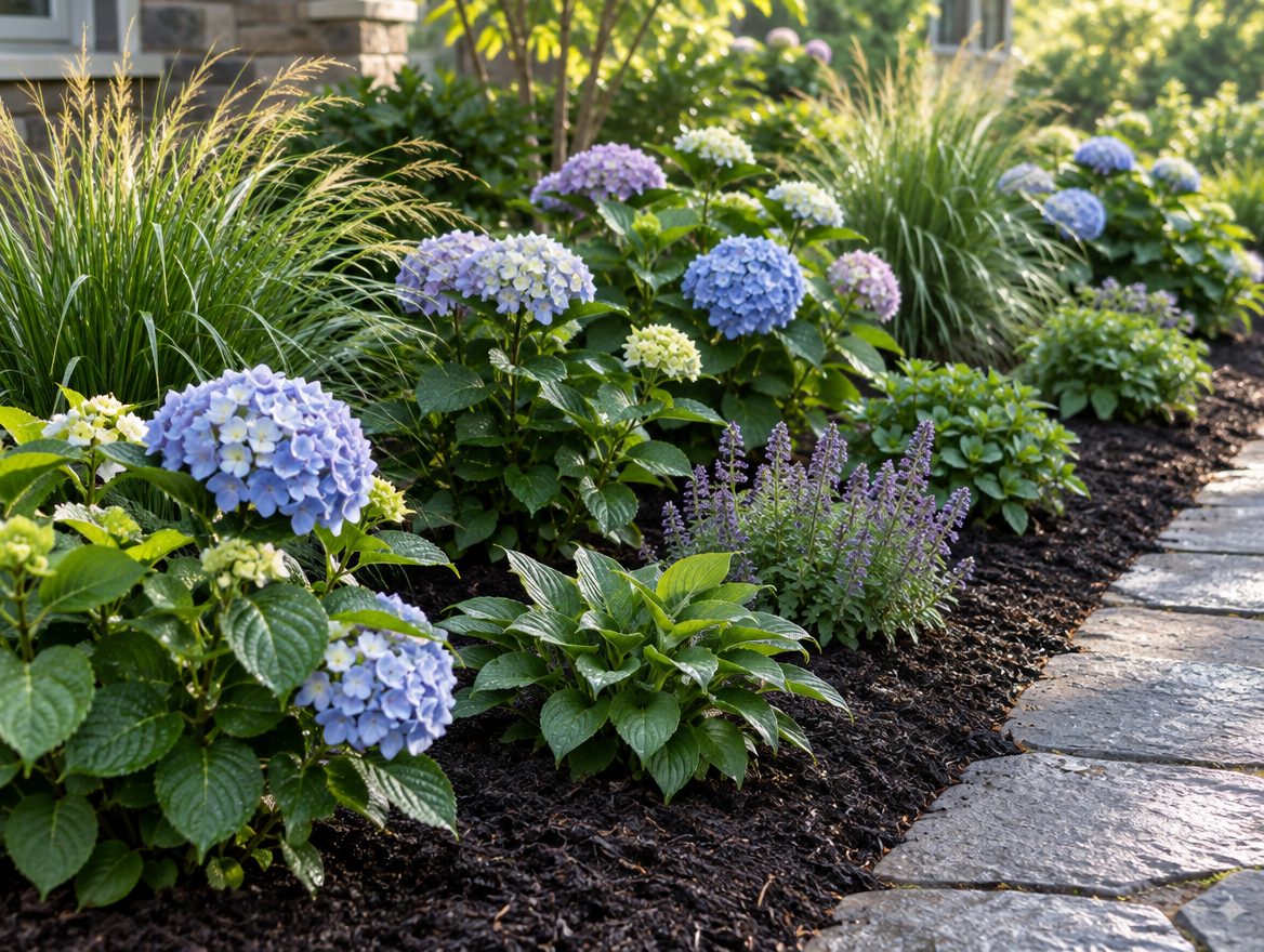 Freshly planted perennial garden bed