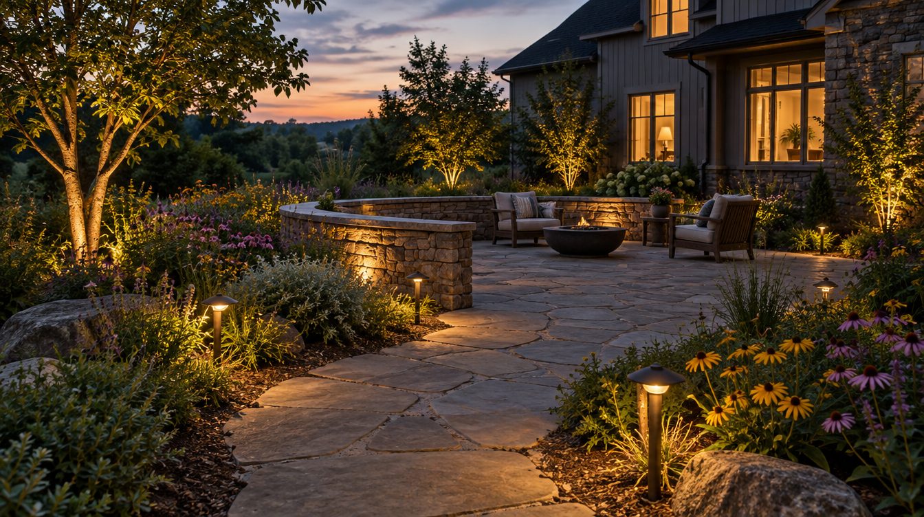 Completed backyard patio at dusk with path lighting
