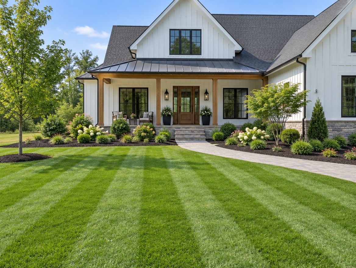 Striped lawn in front of a modern farmhouse
