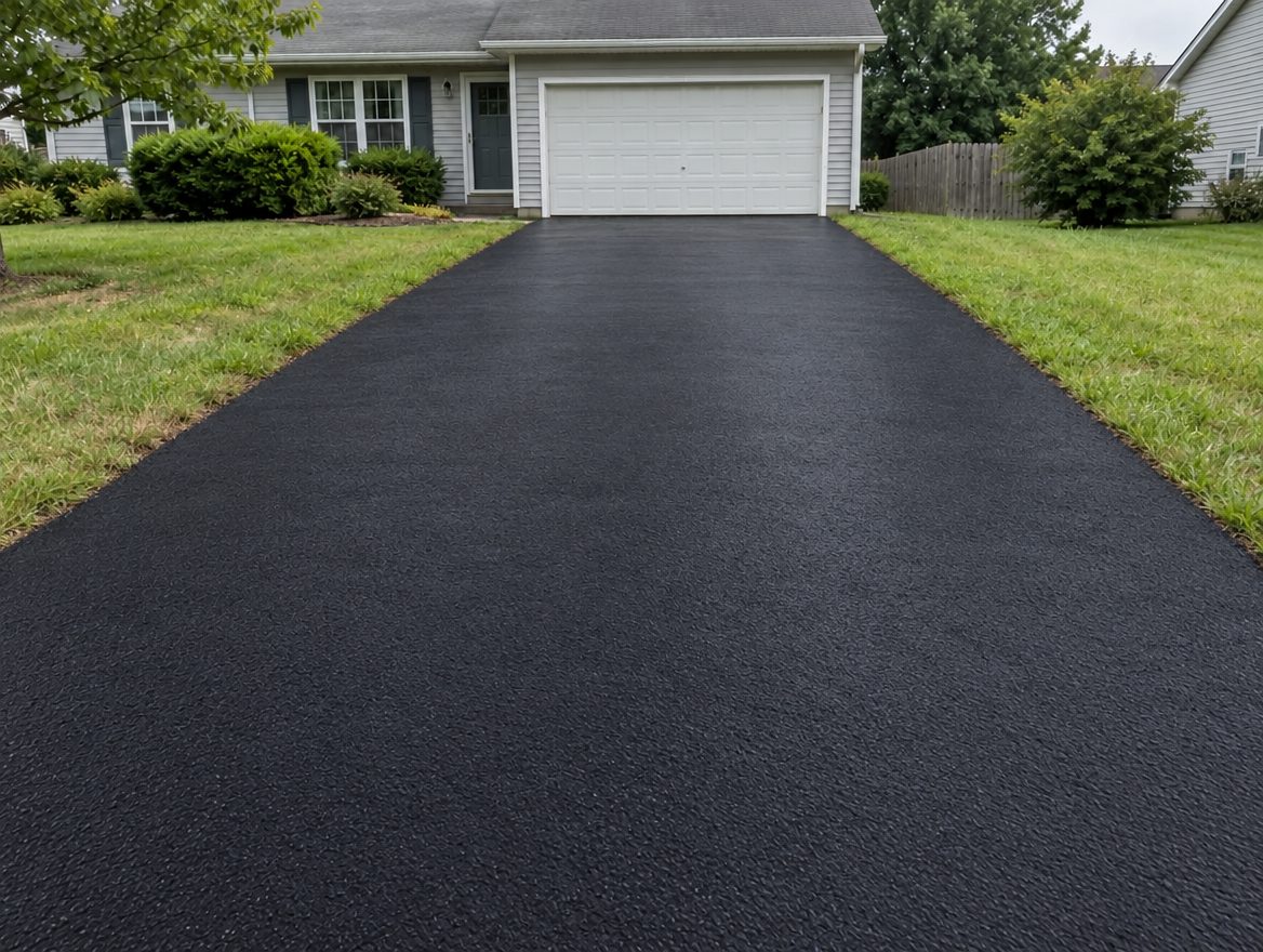 Same driveway after sealcoating, deep black