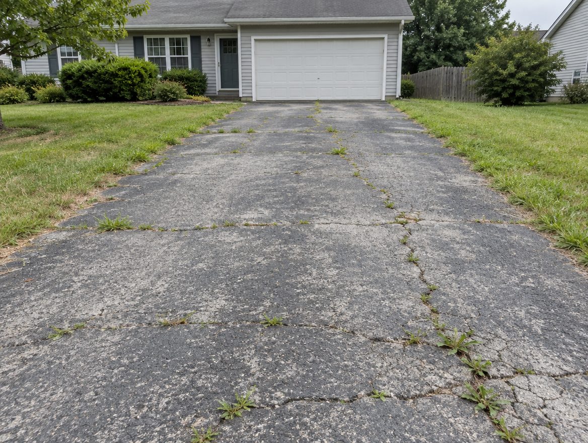Driveway before sealcoating, faded with cracks
